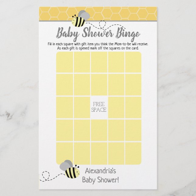 Grått Humla Baby Shower Bingo Game (Framsida)