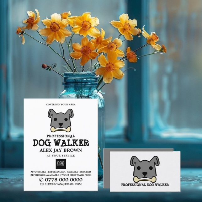 Grått Hund med Bone, Dog Walker Advertising Reklamblad (Skapare uppladdad)
