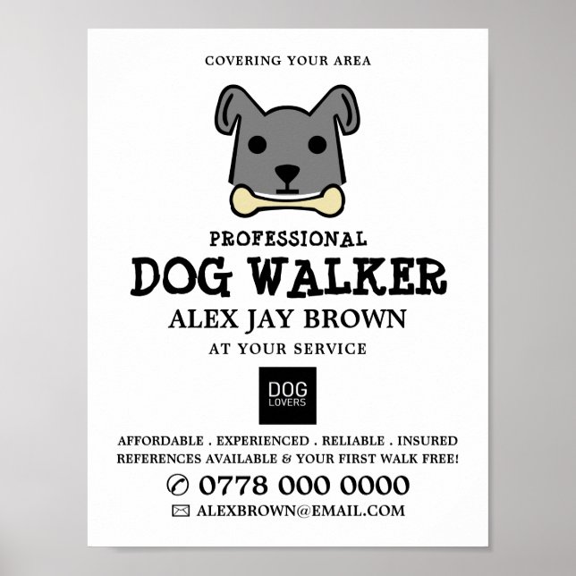 Grått Hund med Bone, Dog Walker-reklam Poster (Framsidan)