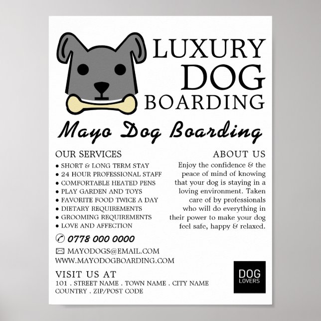 Grått Hund med bone, Hund Boarding, Reklam Poster (Framsidan)