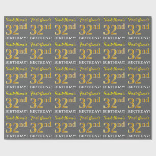 Grått, Imitation Guld Se "32:a BIRTHDAY" Presentpapper