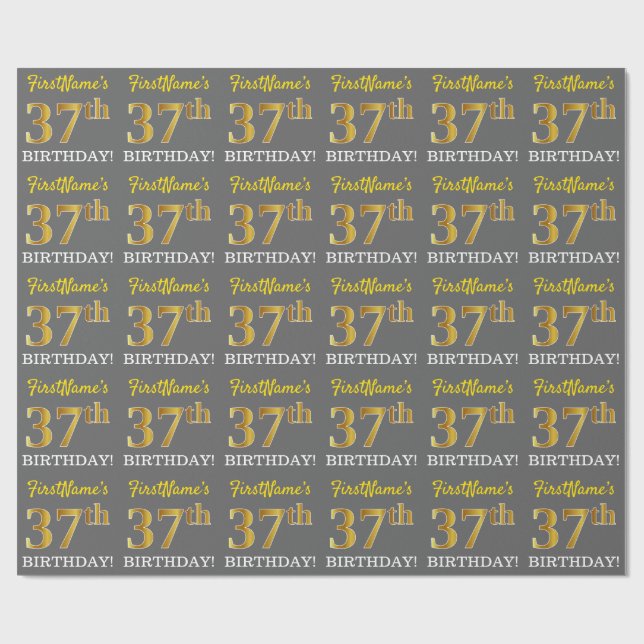 Grått, Imitation Guld Se "37:e BIRTHDAY" Presentpapper (Platt)
