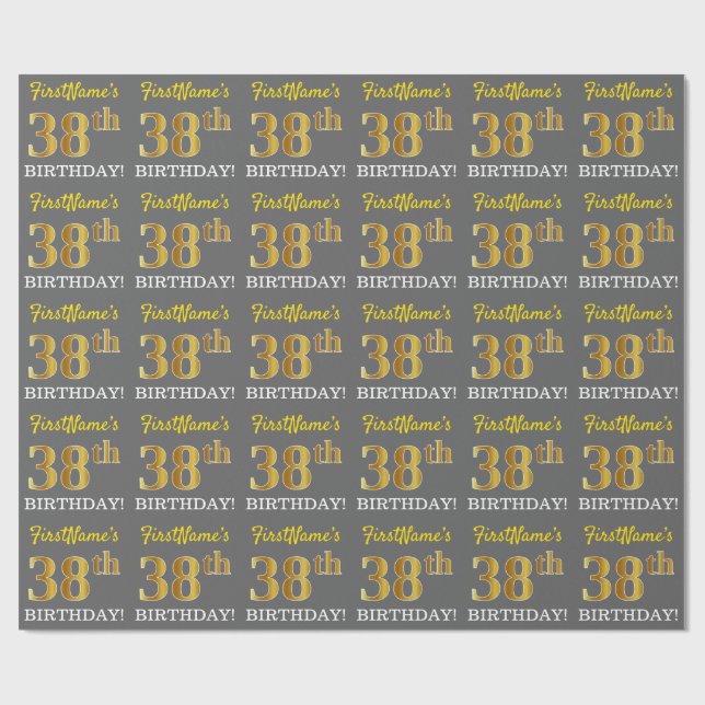 Grått, Imitation Guld Se "38:e BIRTHDAY" Presentpapper (Platt)