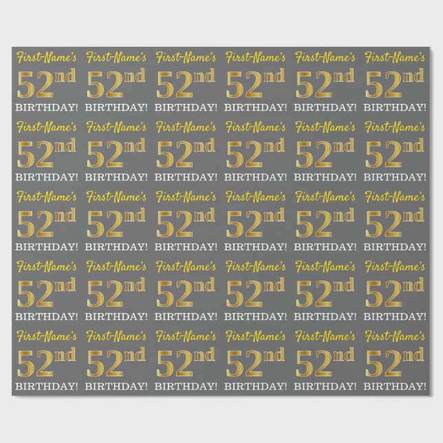 Grått, Imitation Guld Se "52:a BIRTHDAY" Presentpapper (Platt)