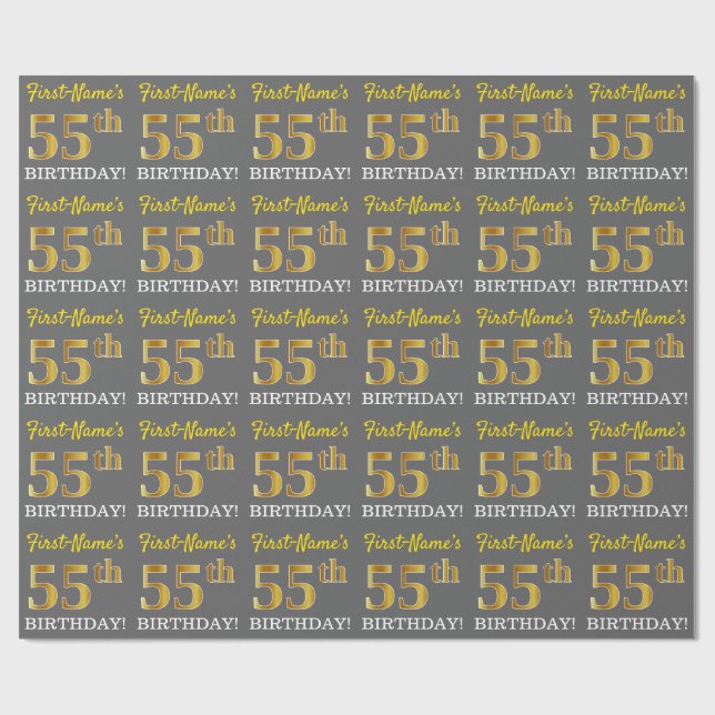 Grått, Imitation Guld Se "55:e BIRTHDAY" Presentpapper (Platt)