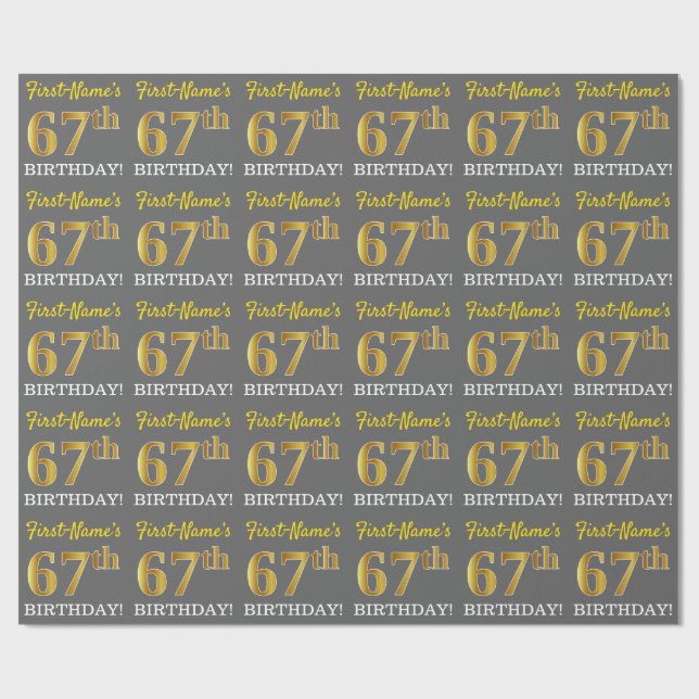 Grått, Imitation Guld Se "67:e BIRTHDAY" Presentpapper (Platt)