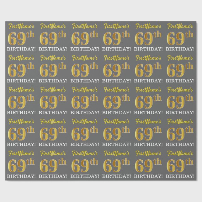 Grått, Imitation Guld Se "69:e BIRTHDAY" Presentpapper (Platt)