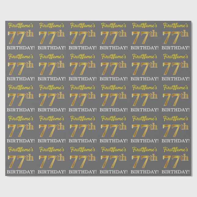 Grått, Imitation Guld Se "77:e BIRTHDAY" Presentpapper (Platt)