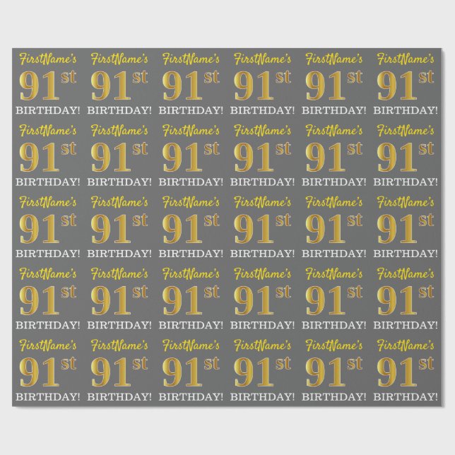 Grått, Imitation Guld Se "91:a BIRTHDAY" Presentpapper (Platt)