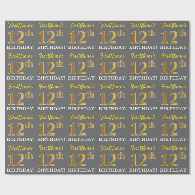 Grått, Imitation Guld titta "12:e BIRTHDAY" Presentpapper (Platt)