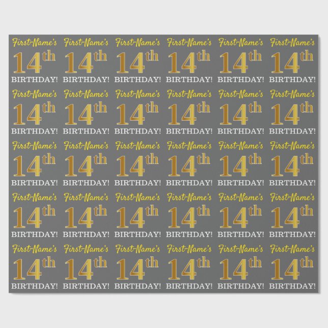 Grått, Imitation Guld titta "14:e BIRTHDAY" Presentpapper (Platt)