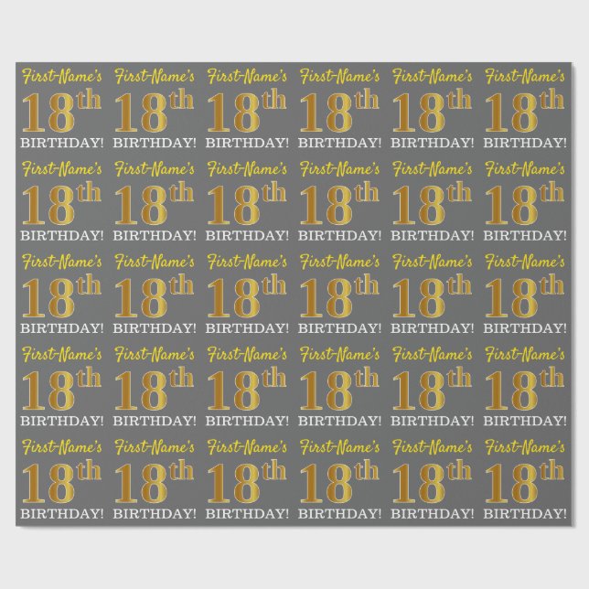 Grått, Imitation Guld titta "18:e BIRTHDAY" Presentpapper (Platt)