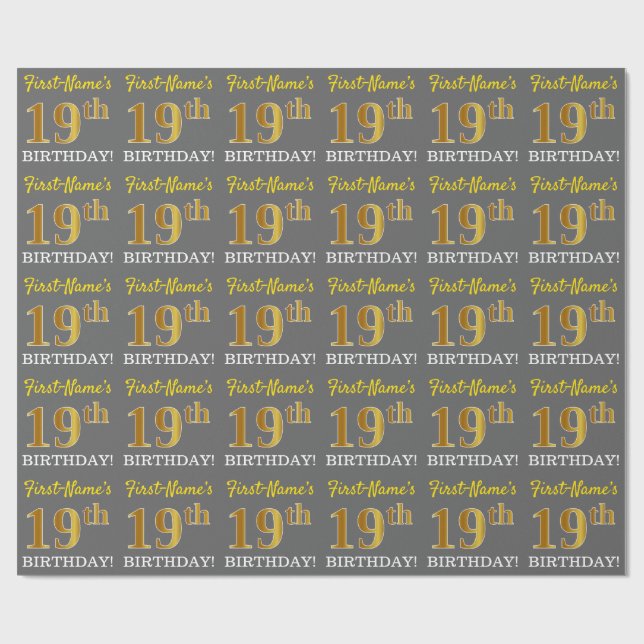 Grått, Imitation Guld titta "19:e BIRTHDAY" Presentpapper (Platt)