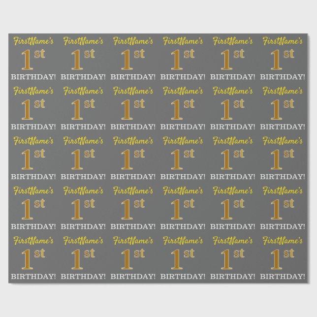 Grått, Imitation Guld titta "1st BIRTHDAY" Presentpapper (Platt)