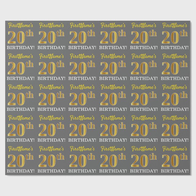 Grått, Imitation Guld titta "20:e BIRTHDAY" Presentpapper (Platt)