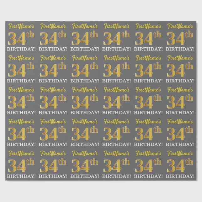 Grått, Imitation Guld Titta "34:e BIRTHDAY" Presentpapper (Platt)