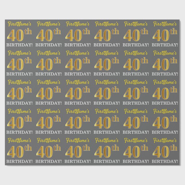 Grått, Imitation Guld Titta "40:e BIRTHDAY" Presentpapper (Platt)