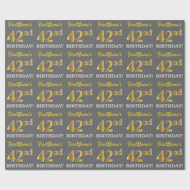 Grått, Imitation Guld Titta "42:a BIRTHDAY" Presentpapper (Platt)