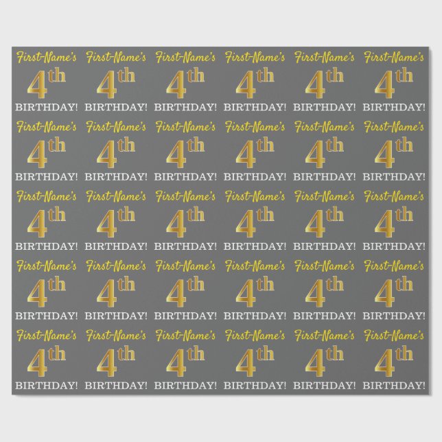 Grått, Imitation Guld Titta "4e födelsedagen" Presentpapper (Platt)