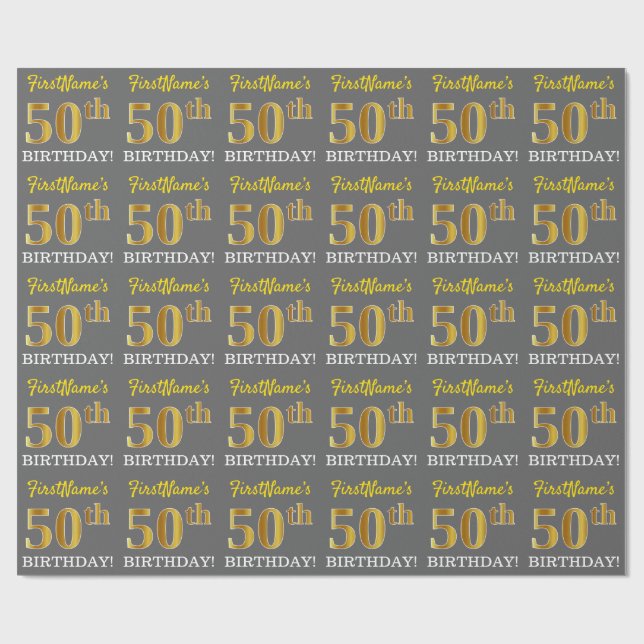 Grått, Imitation Guld titta "50:e BIRTHDAY" Presentpapper (Platt)