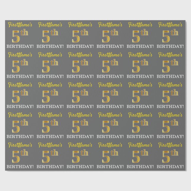 Grått, Imitation Guld titta "5:e BIRTHDAY" Presentpapper (Platt)