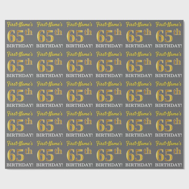 Grått, Imitation Guld Titta "65e BIRTHDAY" Presentpapper (Platt)