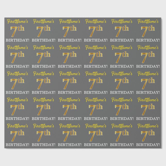 Grått, Imitation Guld titta "7:e BIRTHDAY" Presentpapper (Platt)