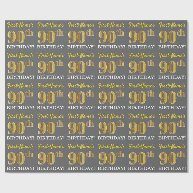 Grått, Imitation Guld titta "90:e BIRTHDAY" Presentpapper (Platt)