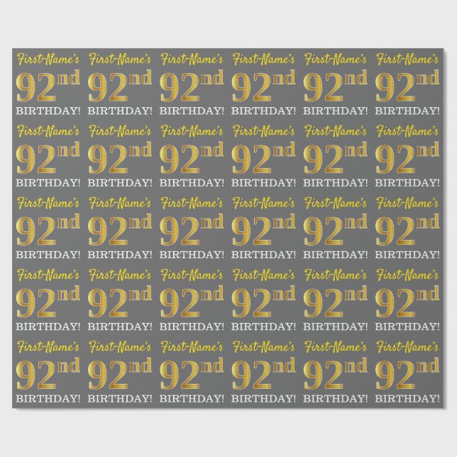 Grått, Imitation Guld Titta "92:a BIRTHDAY" Presentpapper (Platt)