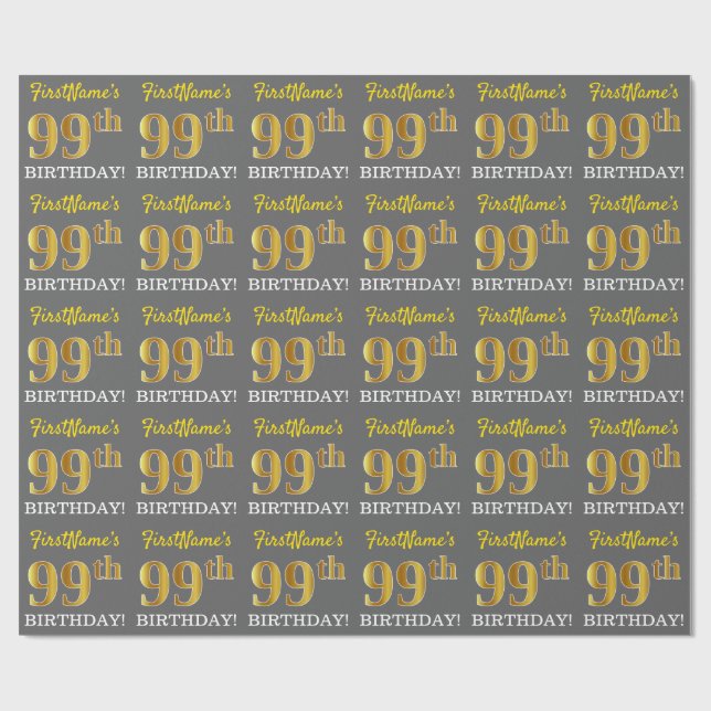 Grått, Imitation Guld Titta "99:e BIRTHDAY" Presentpapper (Platt)