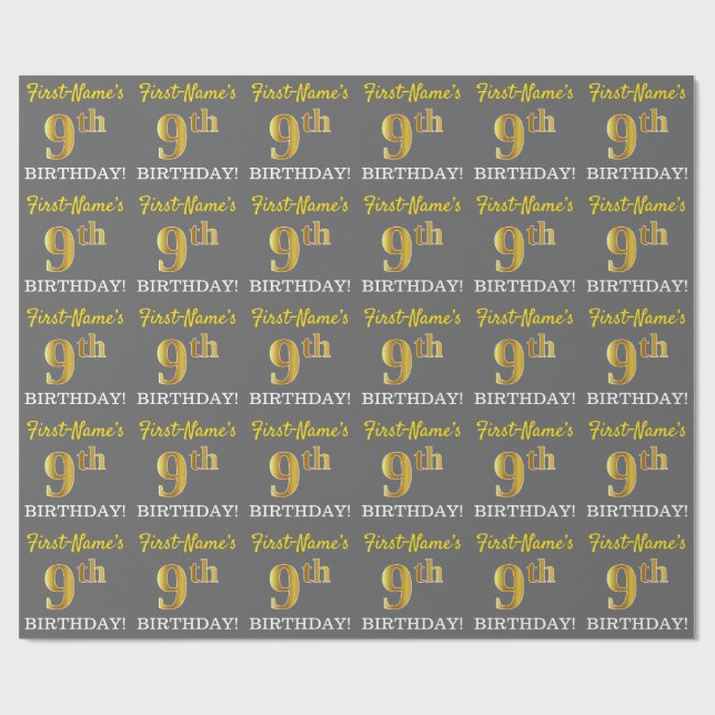 Grått, Imitation Guld titta "9th BIRTHDAY" Presentpapper (Platt)