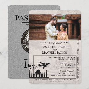 Grått India Passport bröllop bjudande Inbjudningar