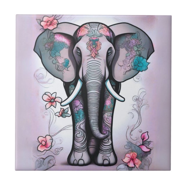 Grått Indian Elephant Embelled with Flowers Kakelplatta (Framsidan)