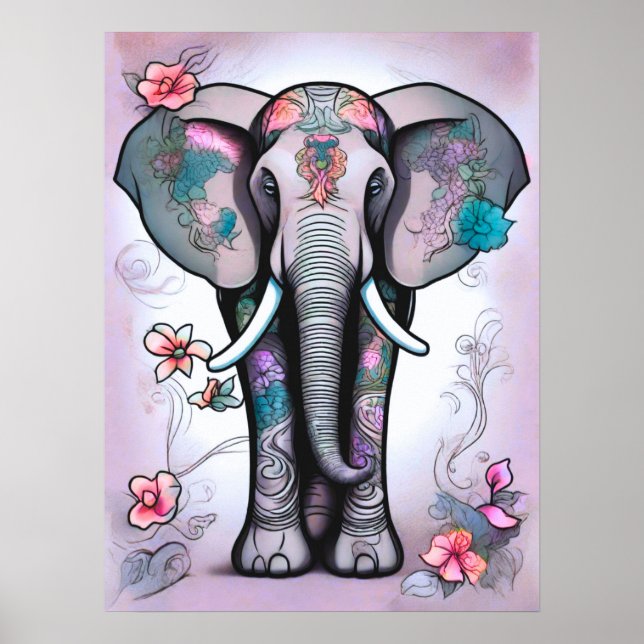 Grått Indian Elephant Embelled with Flowers Poster (Framsidan)