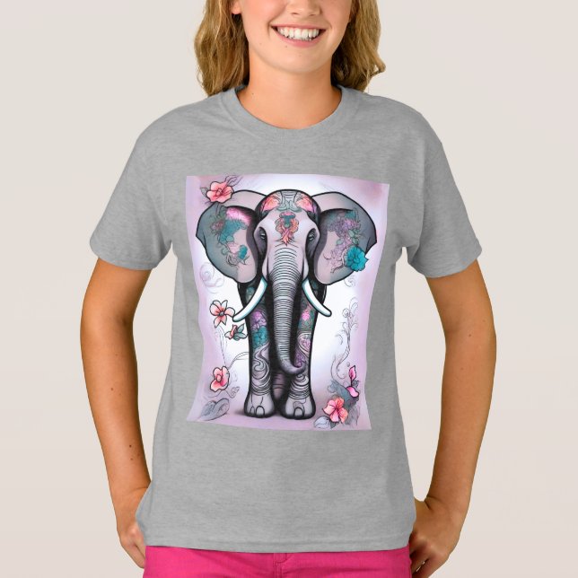 Grått Indian Elephant Embelled with Flowers T Shirt (Framsida)