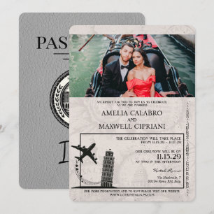 Grått Italien Passport bröllop - inbjudan