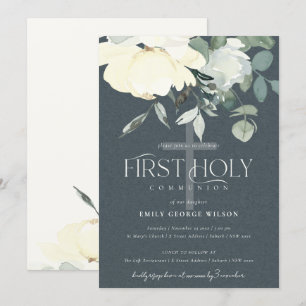 GRÅTT IVORY WHITE AQUA BLOMMIGT FÖRST HELIGA COMMU INBJUDNINGAR