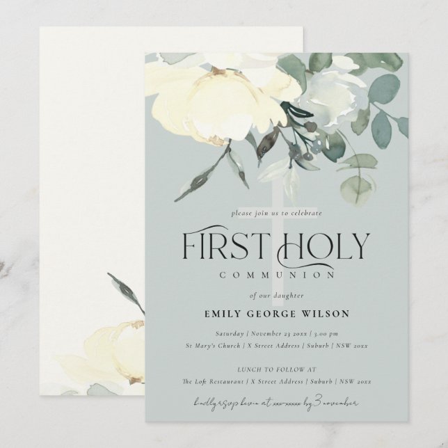 GRÅTT IVORY WHITE AQUA BLOMMIGT FÖRST HELIGA COMMU INBJUDNINGAR (Fram/baksida)