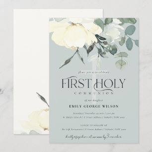 GRÅTT IVORY WHITE AQUA BLOMMIGT FÖRST HELIGA COMMU INBJUDNINGAR