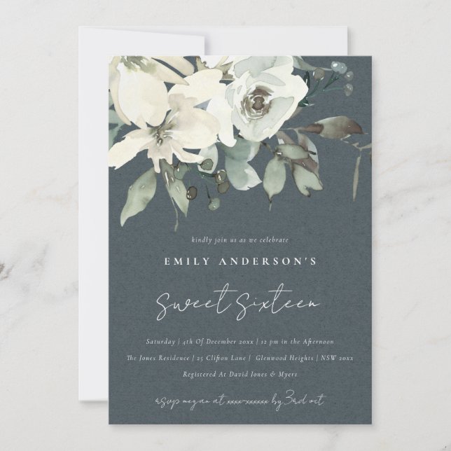 GRÅTT IVORY WHITE BLOMMIGT BUNCH SWEET 16 BIRTHDAY INBJUDNINGAR (Framsida)