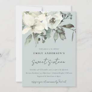 GRÅTT IVORY WHITE BLOMMIGT BUNCH SWEET 16 BIRTHDAY INBJUDNINGAR