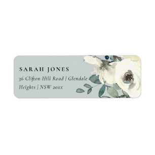 GRÅTT IVORY WHITE BLOMMIGT WATERCOLOR BUNCH ADRESS RETURADRESS ETIKETT