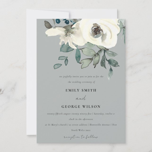 GRÅTT IVORY WHITE BLOMMIGT WATERCOLOR BUNCH BRÖLLO INBJUDNINGAR (Framsida)