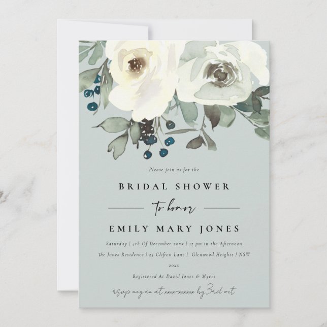 GRÅTT IVORY WHITE BLOMMIGT WATERCOLOR MÖHIPPA INBJUDNINGAR (Framsida)