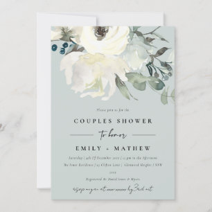 GRÅTT IVORY WHITE FLORA WATERCOLOR PAR SHOWER INBJUDNINGAR