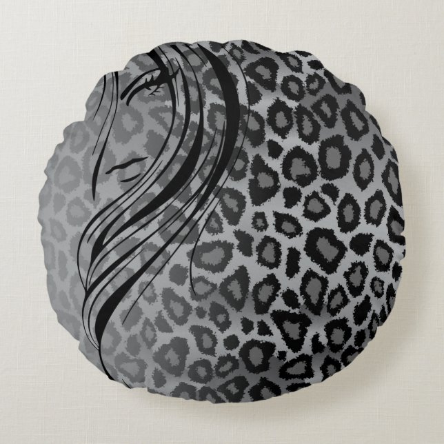 Grått Jaguar Gradient Animal Print med Girl Rund Kudde (Framsidan)