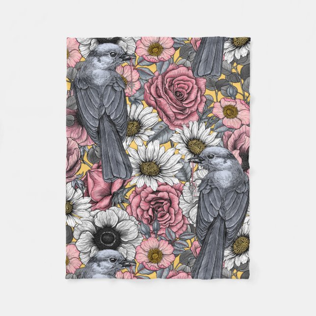 Grått jays och blommor fleecefilt (Framsidan)