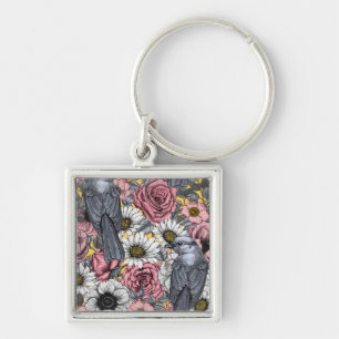 Grått jays och blommor fyrkantig silverfärgad nyckelring