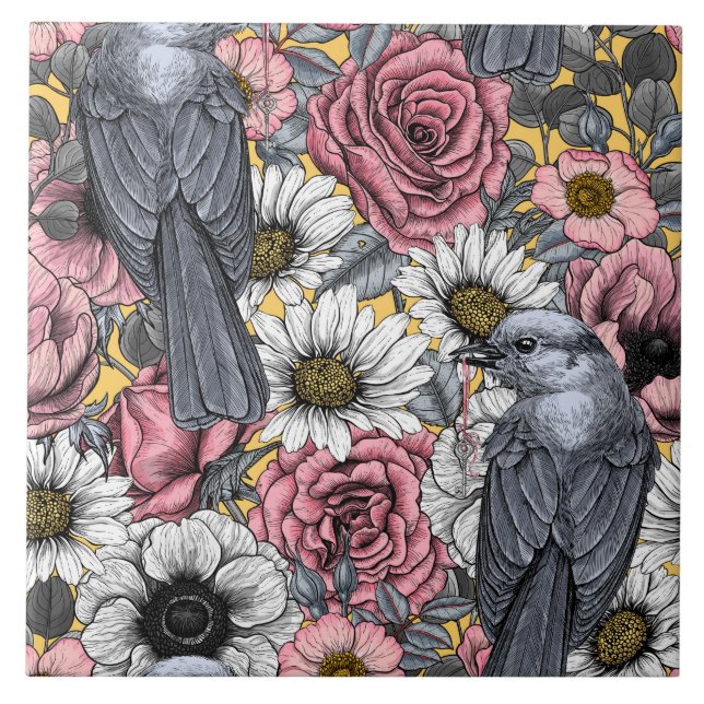 Grått jays och blommor kakelplatta (Framsidan)