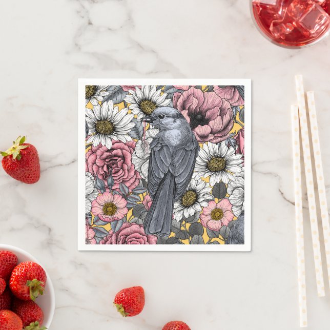 Grått jays och blommor pappersservett (Insitu)